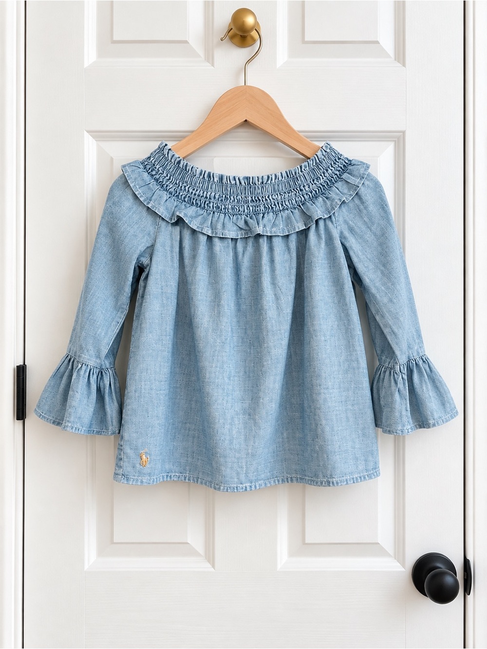 Polo Ralph Lauren Girls 10 Indigo Chambray Ruffle Bell Sleeve Top NWT